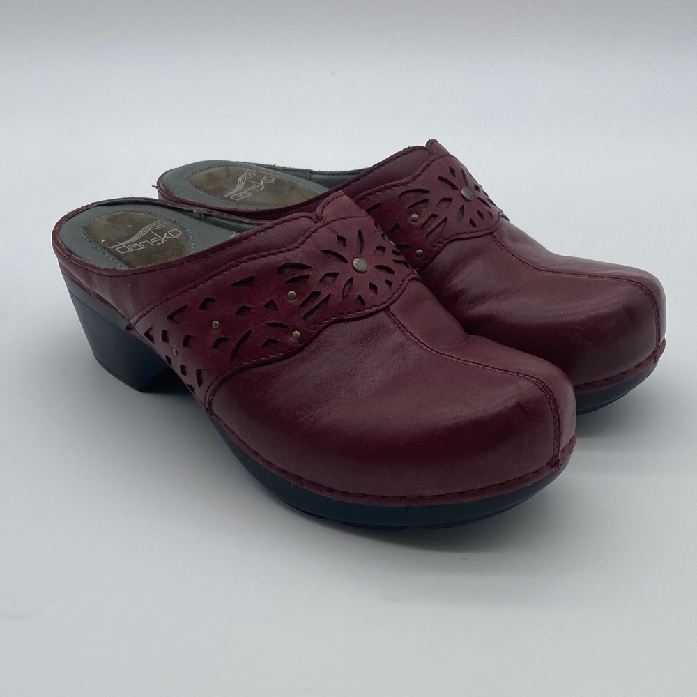Dansko Dark Red Leather Clogs with Cut out Strap